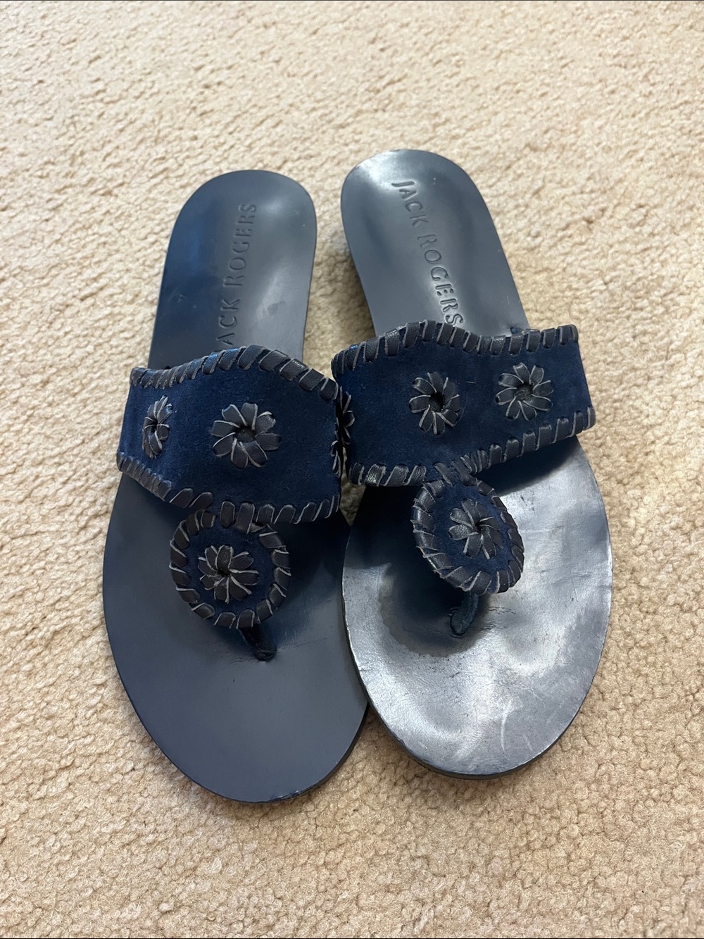 Jack Rogers Navy Suede Whipstitch Floral Toe-Ring Sandals 7